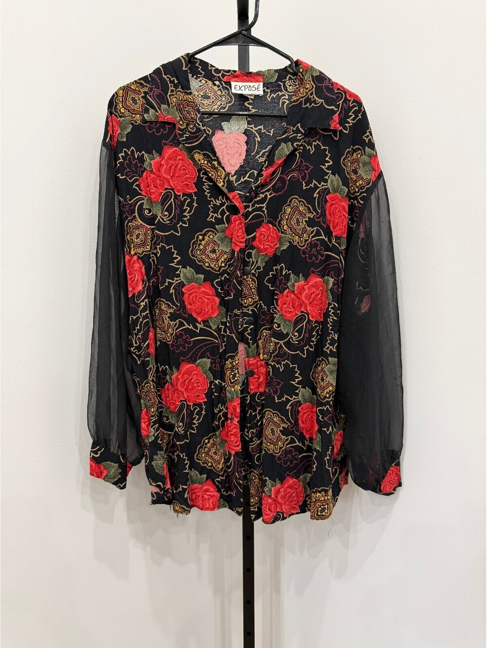 Vintage EXPOSÉ Floral Button-Up Blouse with Sheer Sleeves 22W